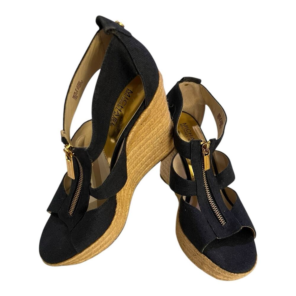 Michael MICHAEL KORS Berkley Wedge Platform Sandal Navy Canvas Zip US 7.5M VGC